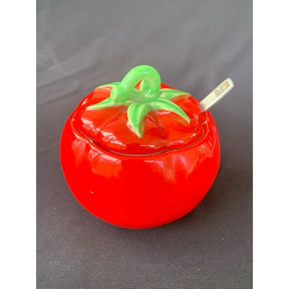 1940's Vintage Pantry Parade Ceramic Tomato Lidded Condiments Jar Retro w/Spoon